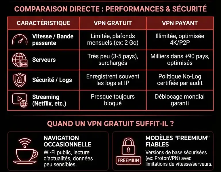 Infografica: VPN gratuites vs payantes : risques cach&eacute;s et quand cela vaut-il la peine de payer
