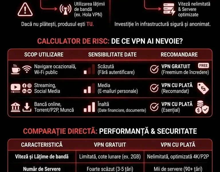 Infografica: VPN-uri gratuite vs. cu plată: Riscuri ascunse și c&acirc;nd merită să plătești