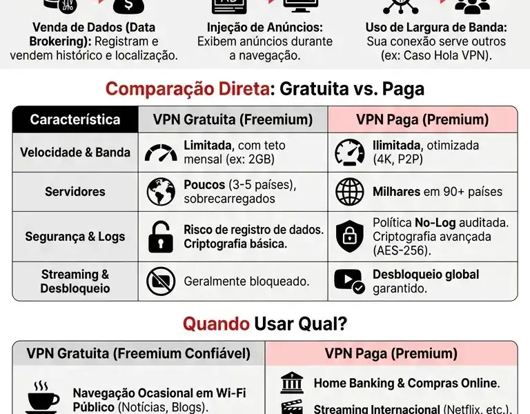 Infografica: VPNs Gratuitas vs. Pagas: Riscos Ocultos e Quando Vale a Pena Pagar