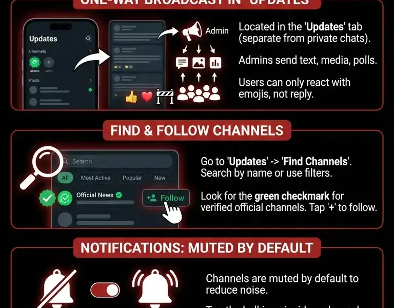 Infografica: WhatsApp Channels: How to find them, follow them, and disable notifications