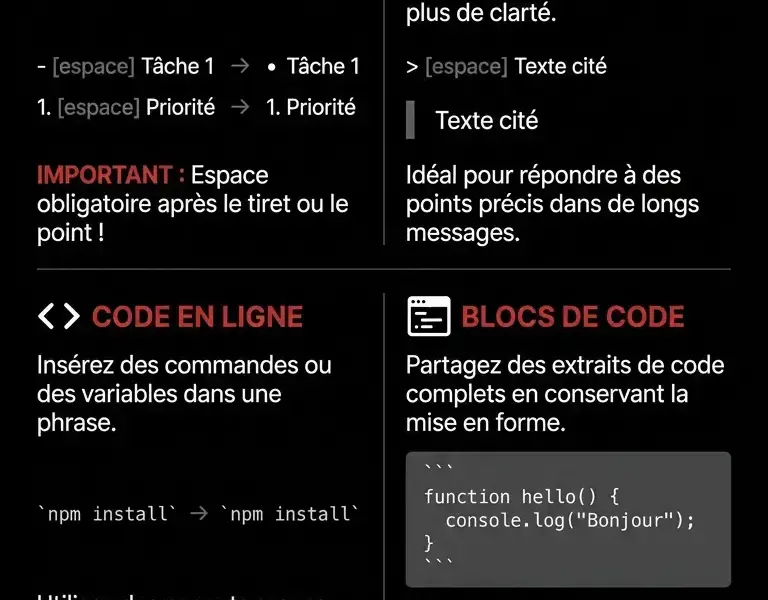 Infografica: WhatsApp Web : comment r&eacute;diger des listes, des citations et des blocs de code