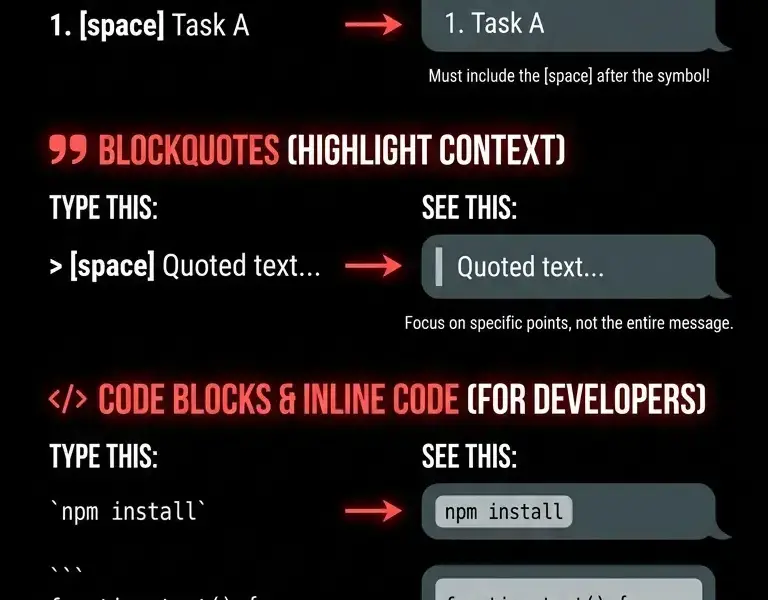 Infografica: WhatsApp Web: How to Write Lists, Quotes, and Code Blocks