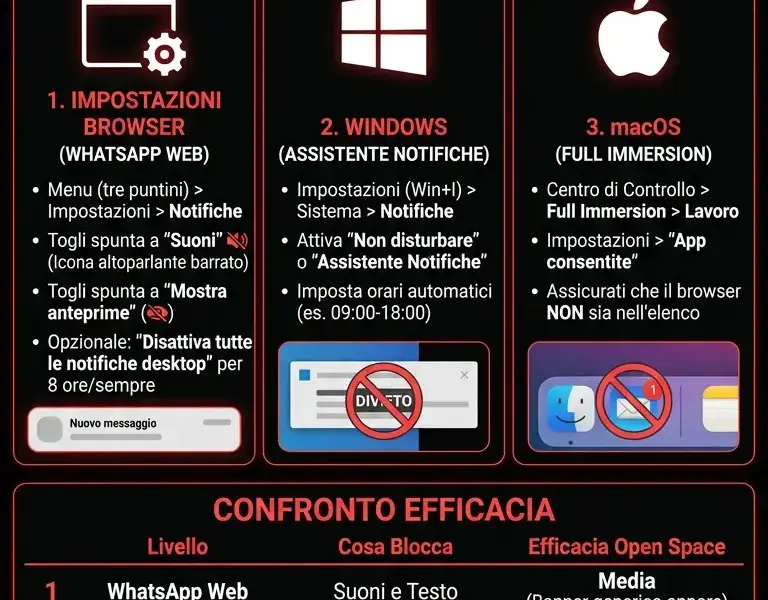 Infografica: WhatsApp Web in Ufficio: Come Silenziare Notifiche e Nascondere Testi