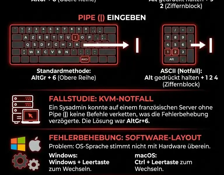 Infografica: Wie man Backslash () und Pipe (|) auf einer franz&ouml;sischen Tastatur eingibt