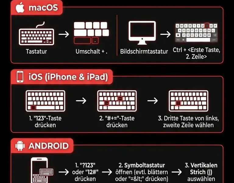 Infografica: Wie man den vertikalen Strich (|) auf jedem Ger&auml;t eingibt