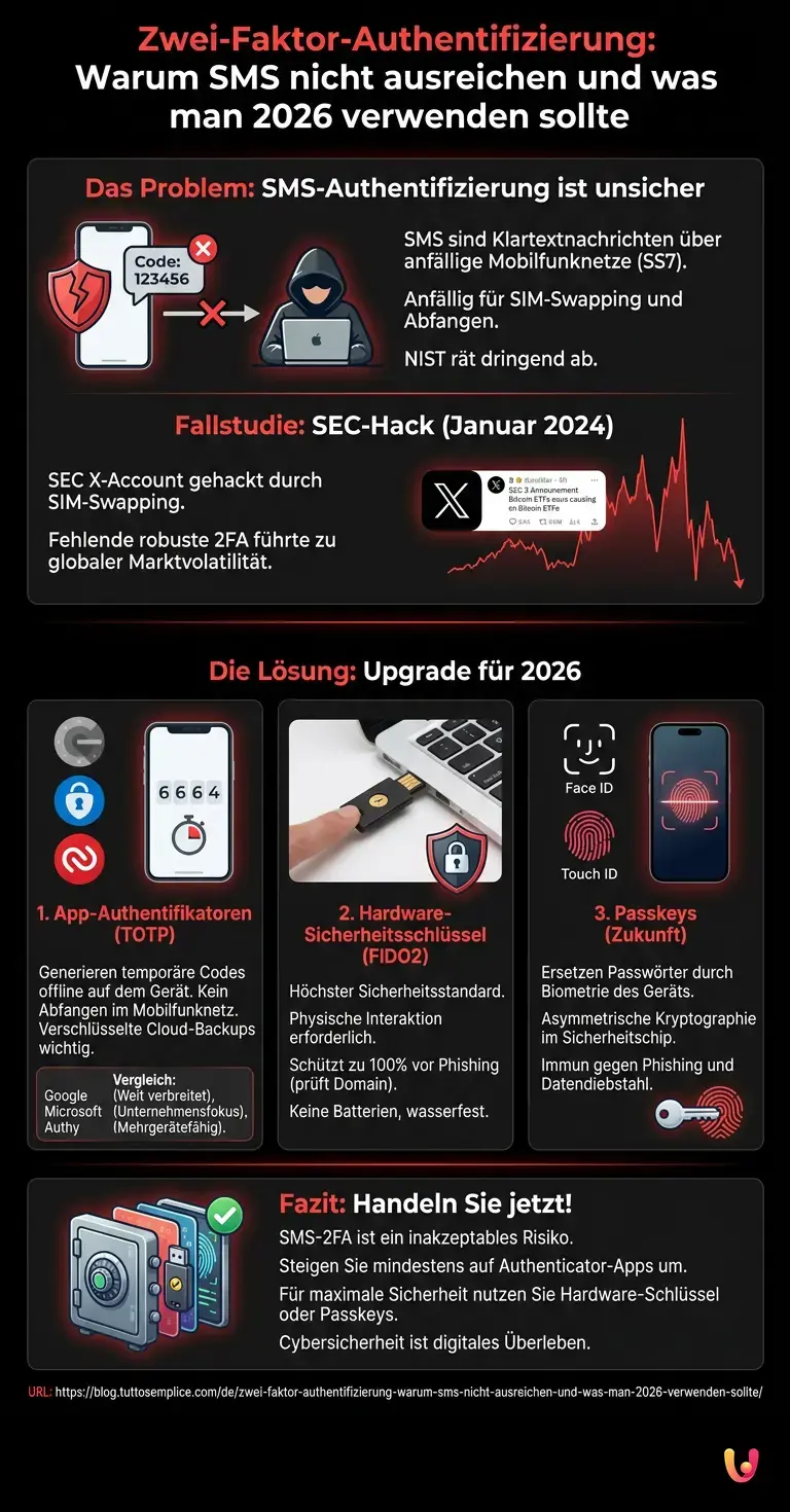 Zwei-Faktor-Authentifizierung: Warum SMS nicht ausreichen und was man 2026 verwenden sollte - Zusammenfassende Infografik