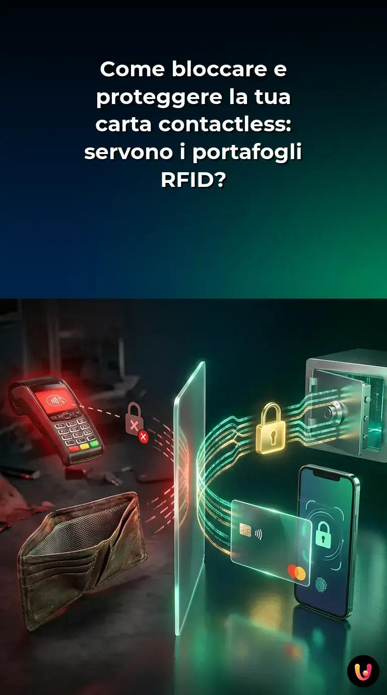 Grafica informativa sulla sicurezza delle carte contactless e l'inutilit&agrave; dei portafogli RFID.