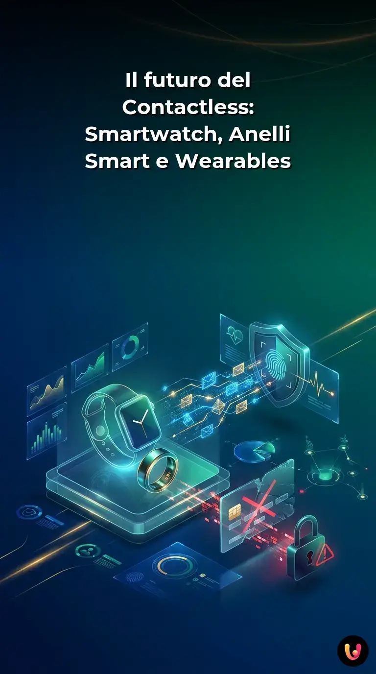 Dettaglio di un pagamento contactless sicuro effettuato tramite smartwatch o anello smart.