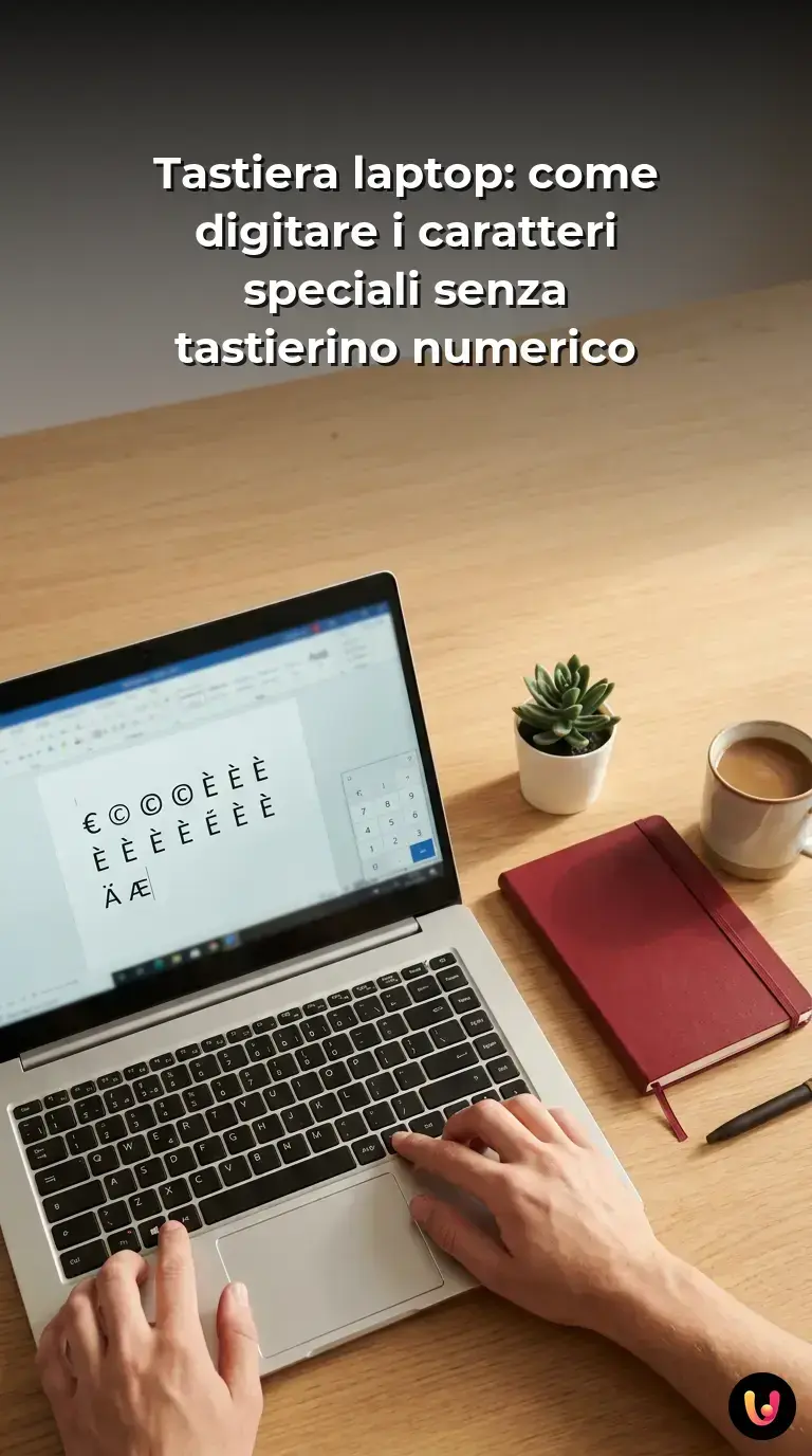Guida pratica per digitare simboli e caratteri speciali su un laptop senza tastierino numerico.