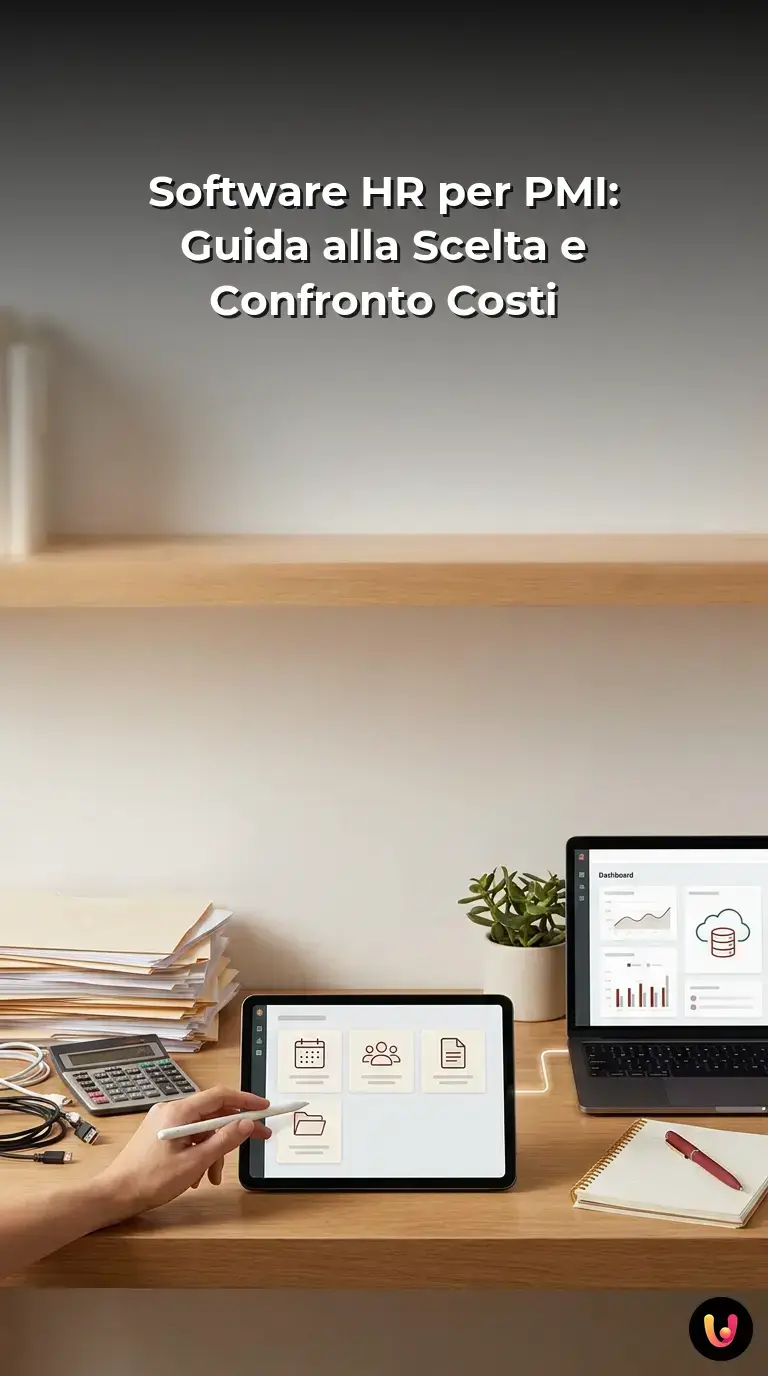 Interfaccia di un calcolatore di budget per software HR e lista di funzionalit&agrave; per le PMI.