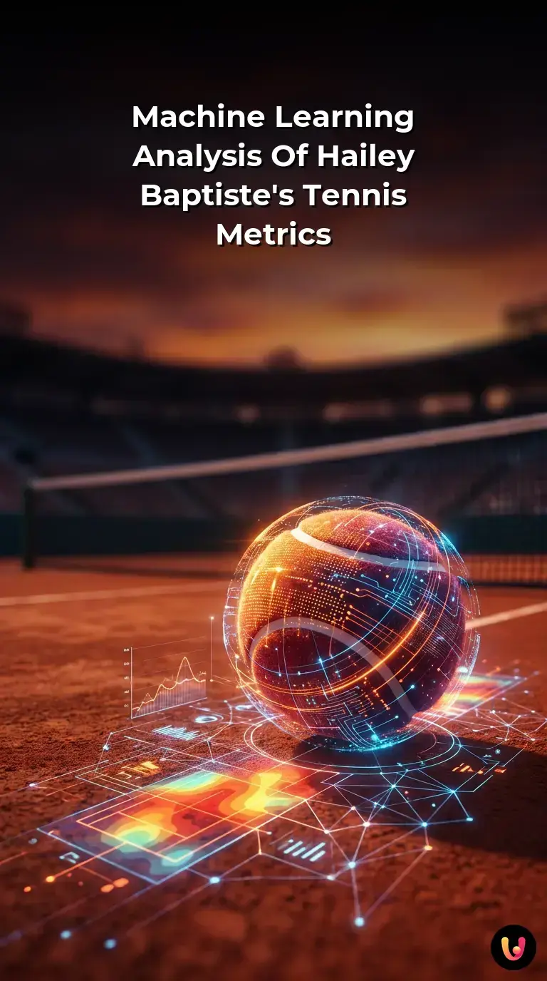 Tennis player Hailey Baptiste on a clay court with glowing digital data graphics and AI metrics.