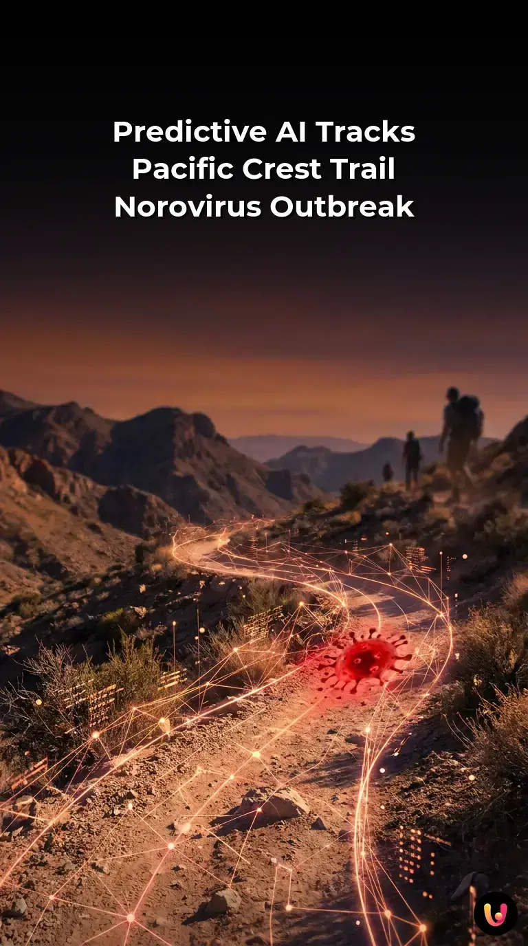 Hikers on the Pacific Crest Trail with digital data overlays showing AI virus tracking.