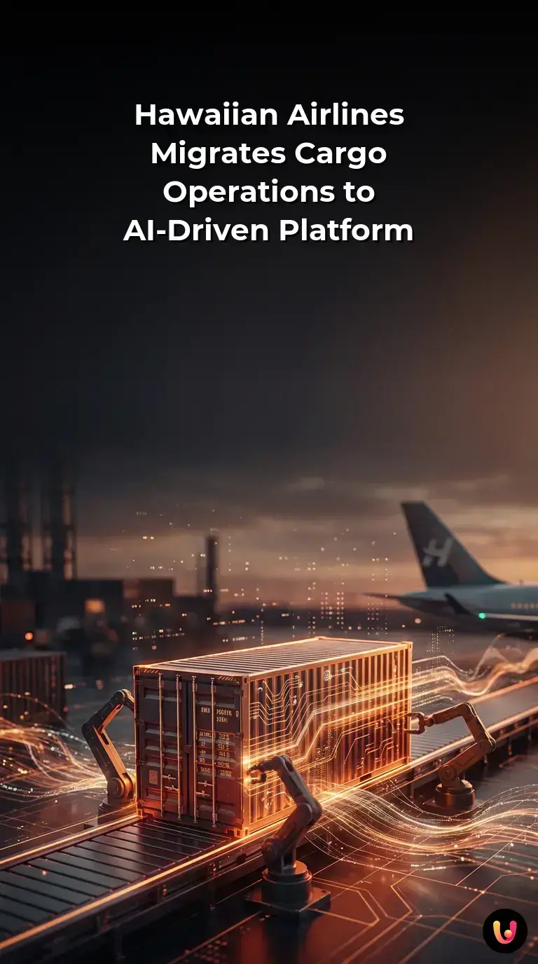Hawaiian Airlines aircraft flying above digital data nodes representing AI cargo logistics.