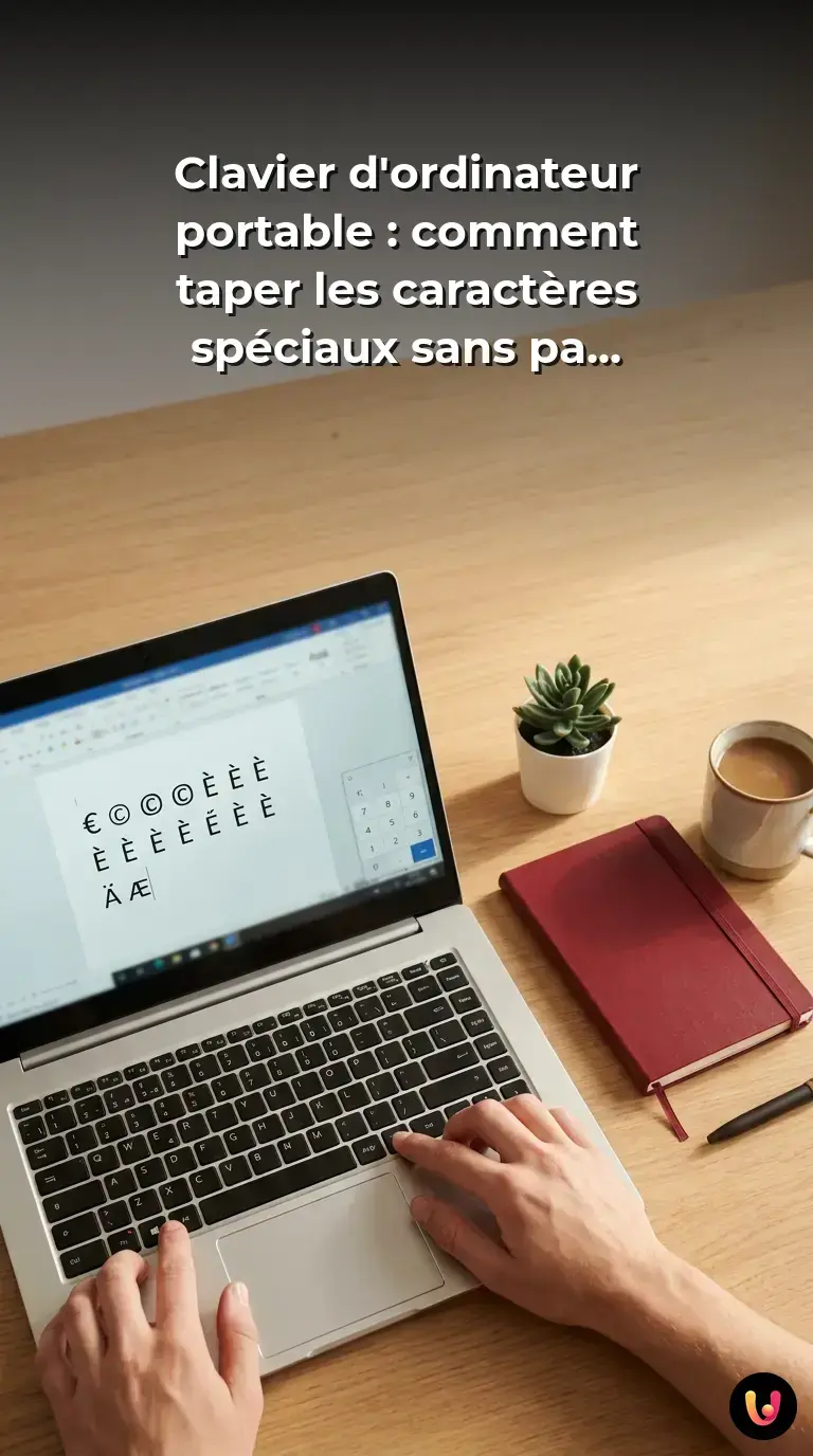 Clavier d'ordinateur portable sans pav&eacute; num&eacute;rique affichant les touches de caract&egrave;res sp&eacute;ciaux.