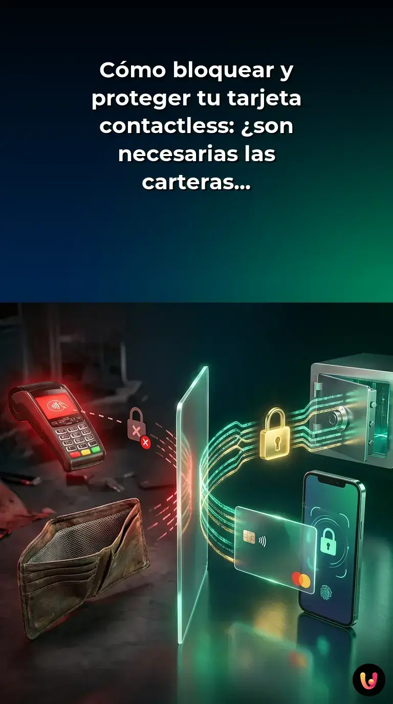 Tarjeta de cr&eacute;dito contactless cerca de un terminal de pago con un s&iacute;mbolo de seguridad digital.