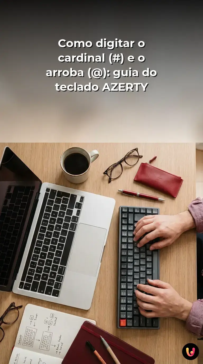 Um teclado AZERTY destacando as teclas para digitar os s&iacute;mbolos de arroba e cardinal.