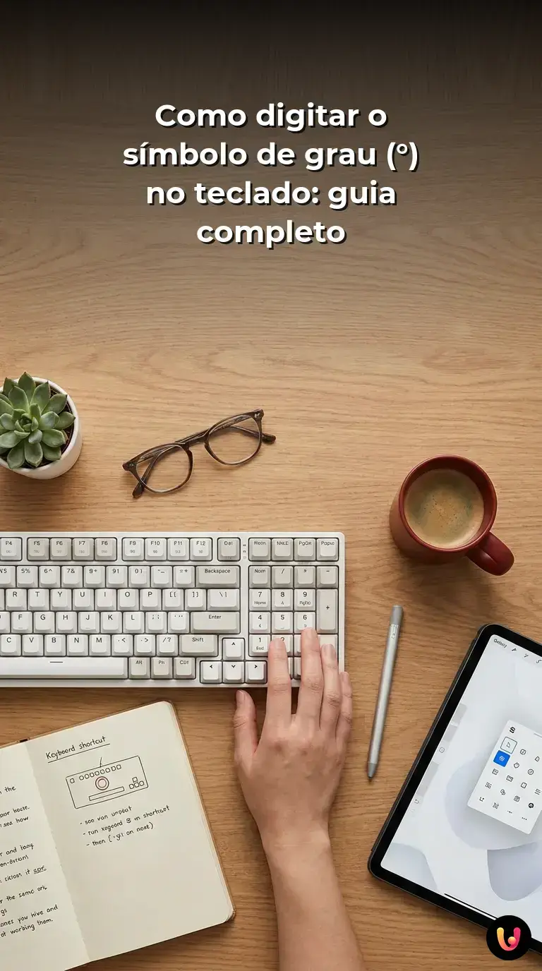 Guia pr&aacute;tico mostrando como digitar o s&iacute;mbolo de grau no teclado e a diferen&ccedil;a para o ordinal.