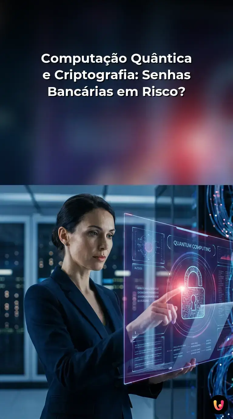 Infogr&aacute;fico sobre computa&ccedil;&atilde;o qu&acirc;ntica quebrando a criptografia de senhas banc&aacute;rias atuais.