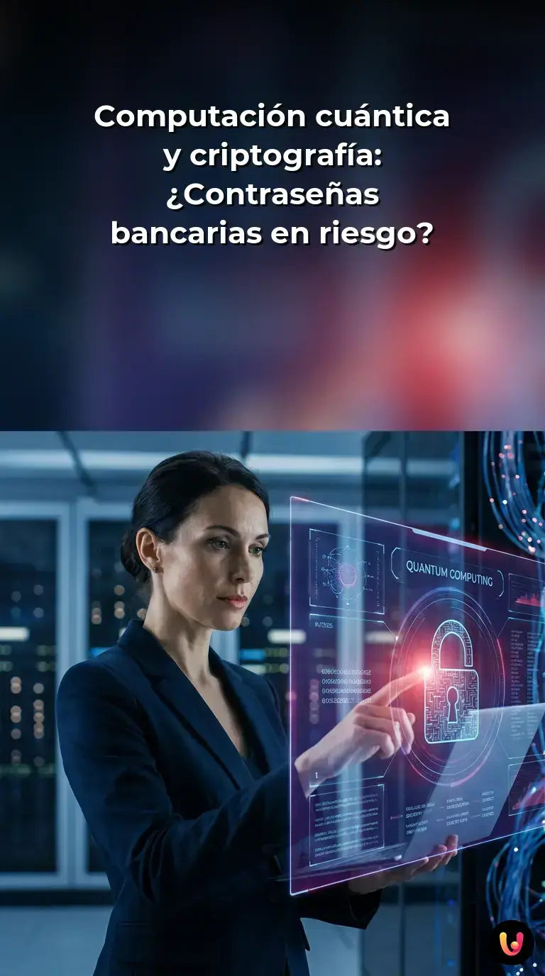 Representaci&oacute;n de un procesador cu&aacute;ntico descifrando c&oacute;digos de seguridad bancaria moderna.