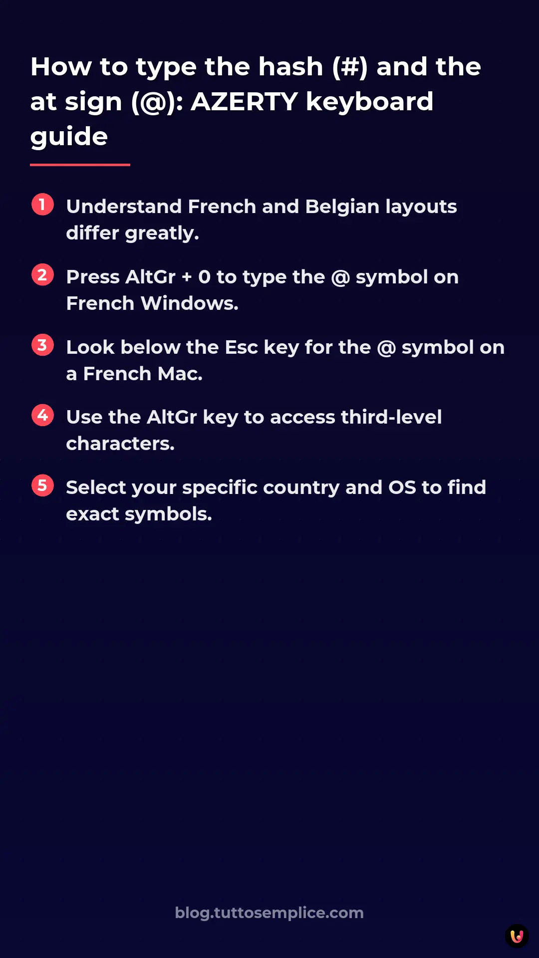 List: How to type the hash (#) and the at sign (@): AZERTY keyboard guide