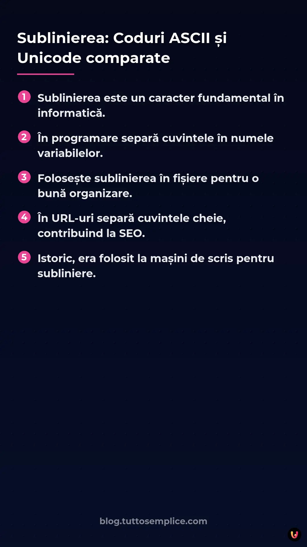 List: Sublinierea: Coduri ASCII și Unicode comparate