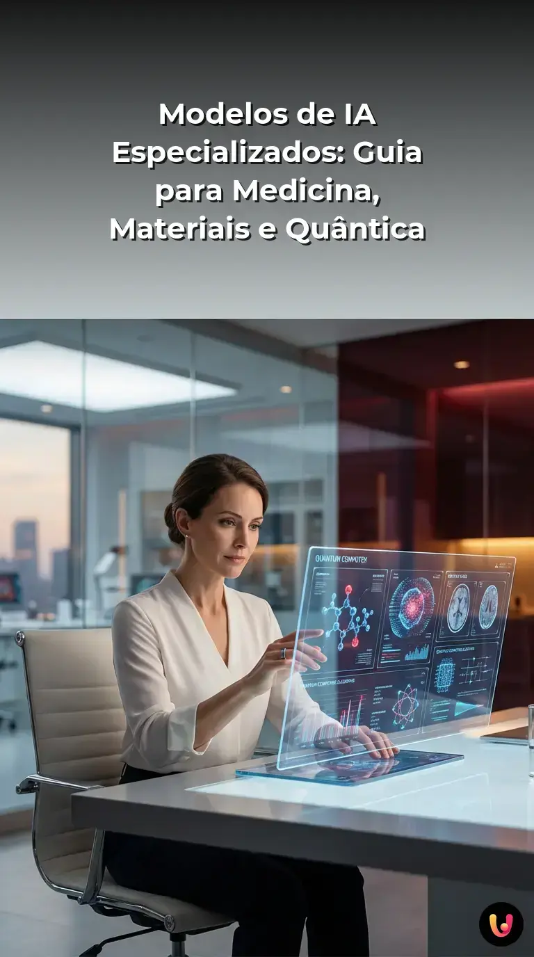 Infogr&aacute;fico sobre intelig&ecirc;ncia artificial avan&ccedil;ada na medicina, qu&iacute;mica e f&iacute;sica qu&acirc;ntica.