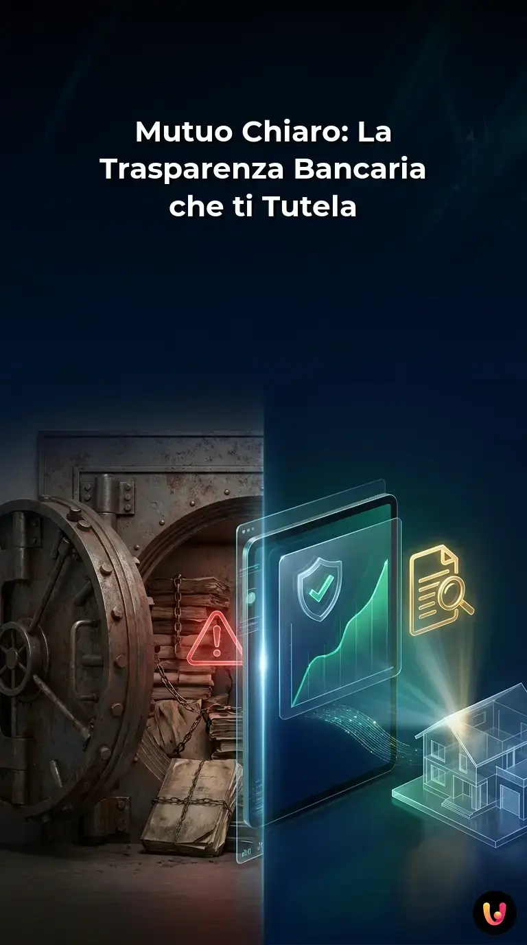 Grafica moderna con icone di case, documenti finanziari e smartphone che mostrano dati sui mutui.