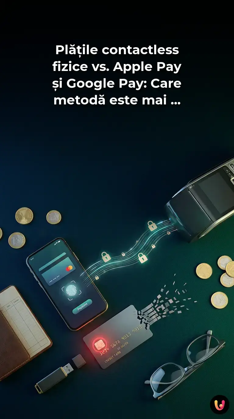 Comparație &icirc;ntre un card bancar fizic și un telefon mobil folosind Apple Pay pentru o plată sigură.