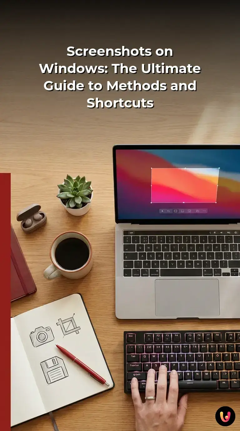Infographic showing keyboard shortcuts and the native Snipping Tool interface for Windows systems.