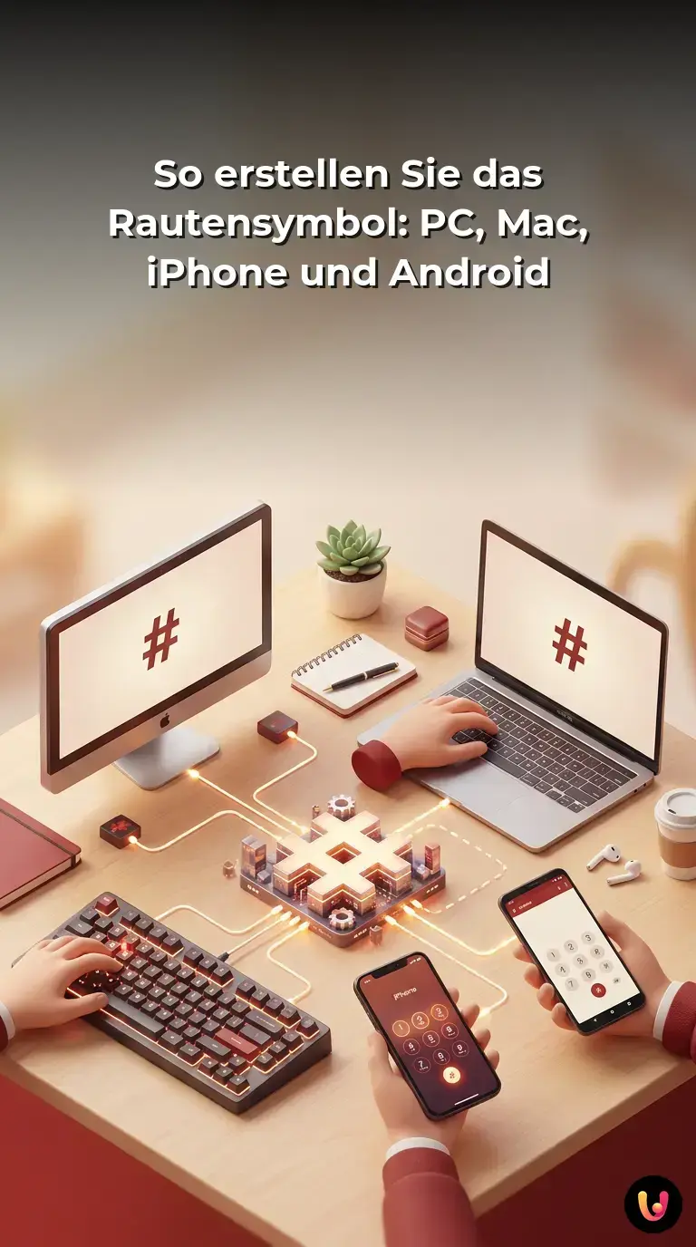 Tastaturen von PC, Mac und Smartphones mit hervorgehobenem Rautenzeichen.