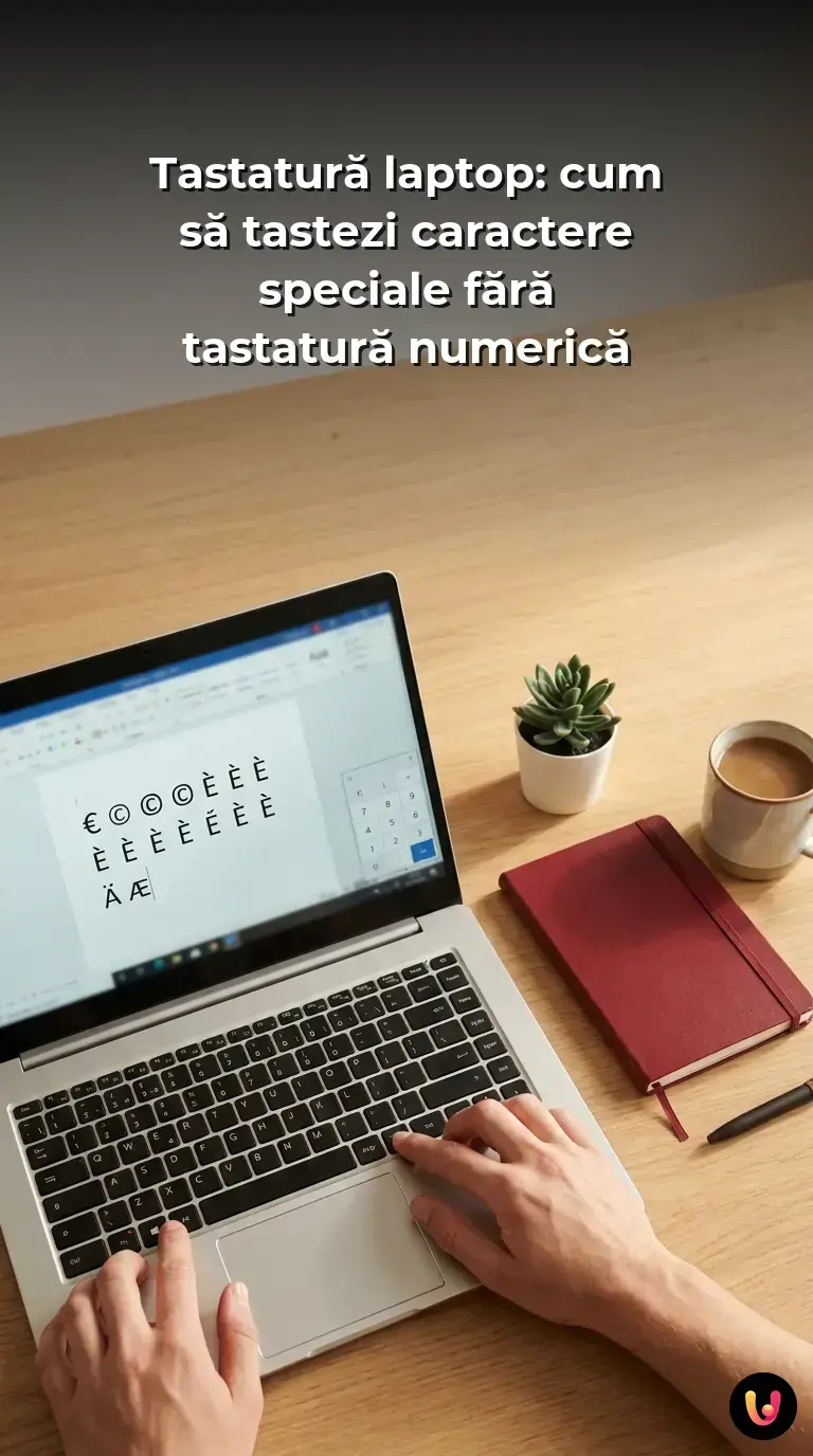 Un laptop modern afiș&acirc;nd metode rapide pentru tastarea caracterelor speciale fără bloc numeric.