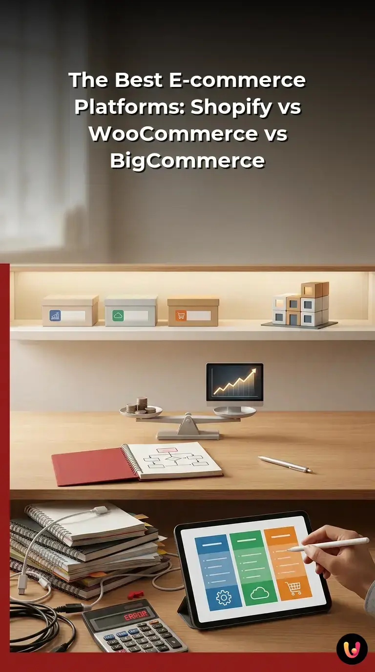 Digital graphic comparing Shopify, WooCommerce, and BigCommerce transaction fees and monthly costs.