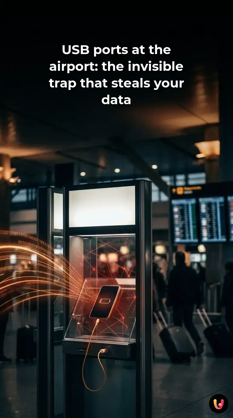 A smartphone plugged into a public airport USB charging station showing a low battery warning.