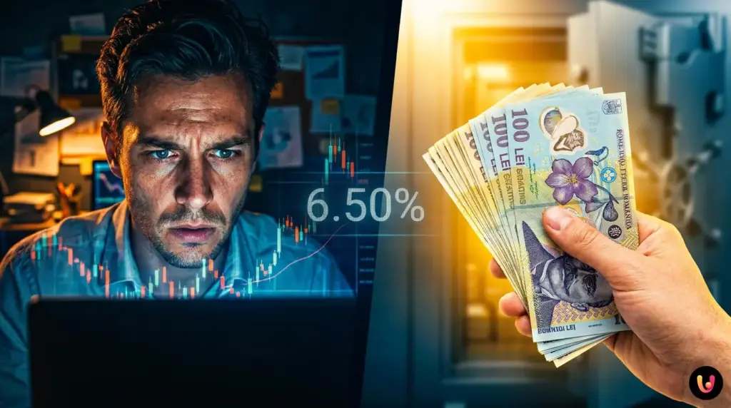 Grafic financiar ilustr&acirc;nd evoluția dob&acirc;nzii BNR și impactul asupra ratelor bancare.