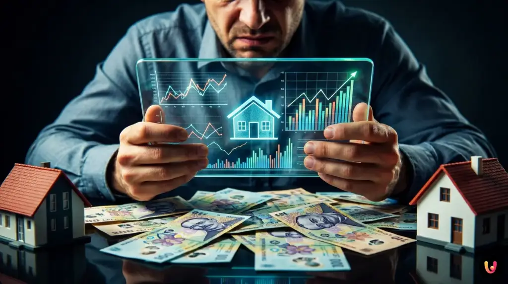 Grafic și calculator pe birou pentru simularea ratelor unui credit ipotecar &icirc;n 2026.