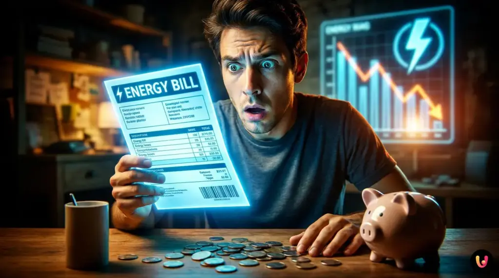 Fatura de eletricidade e calculadora sobre uma mesa, representando a poupan&ccedil;a de energia.