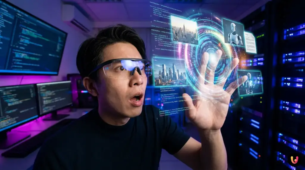 Logo luminoso di Microsoft Copilot su sfondo digitale che rappresenta l'intelligenza artificiale.