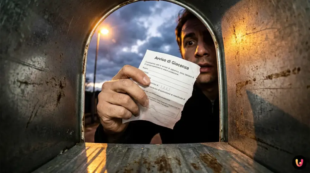 Primo piano di un avviso di giacenza postale con il codice raccomandata market 5497 stampato.