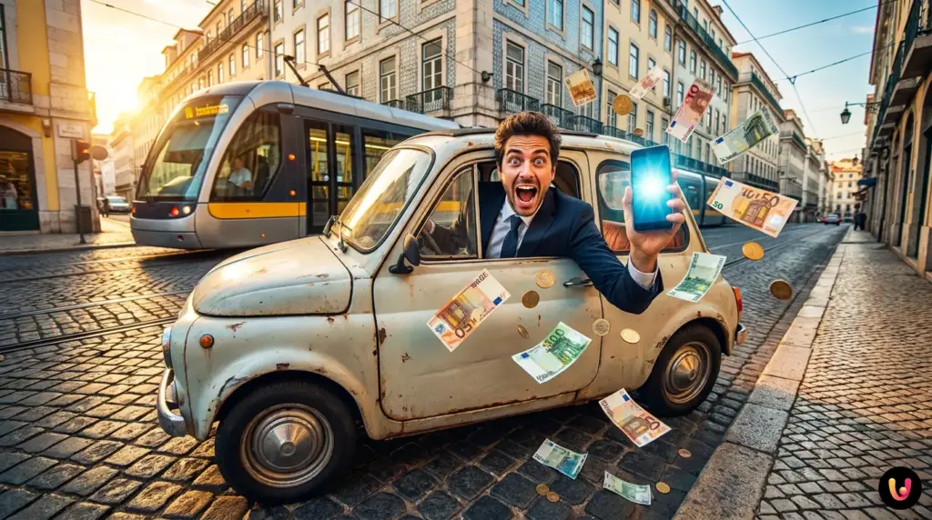 Seguro Automóvel Barato 2026: Como Comparar e Poupar na Apólice Pessoa a comparar preços de seguros automóveis num portátil com um carro miniatura.