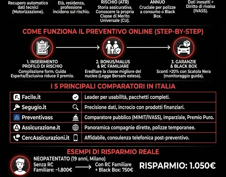 Infografica: Assicurazione auto pi&ugrave; economica 2026: come usare i comparatori online