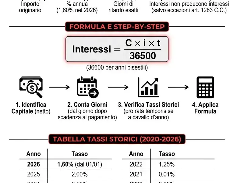 Infografica: Calcolo interessi legali 2026: tasso, formula e calcolatore interattivo
