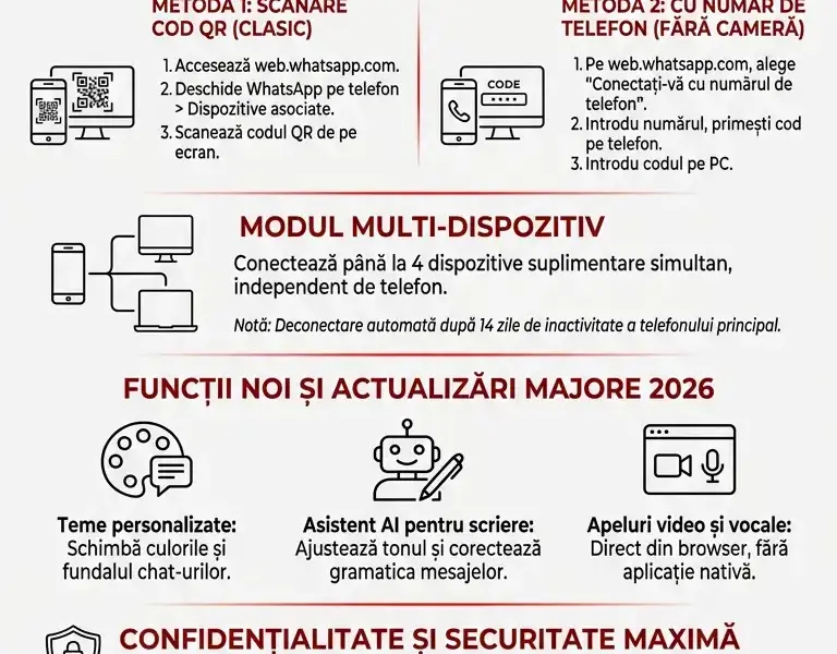 Infografica: Cum folosești WhatsApp Web pe calculator: ghid complet 2026