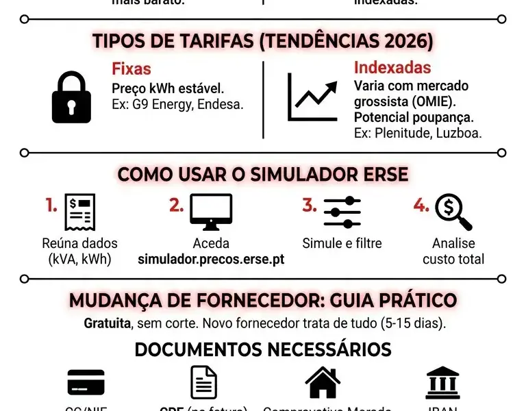 Infografica: Fornecedor de eletricidade barato 2026: como mudar e poupar na fatura
