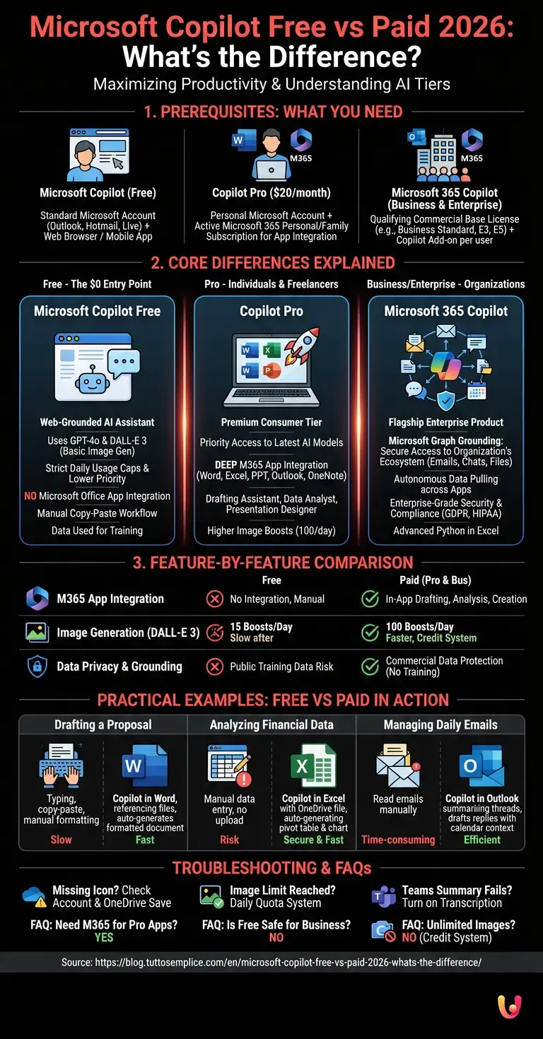 Microsoft Copilot Free vs Paid 2026: What's the Difference? - Summary Infographic