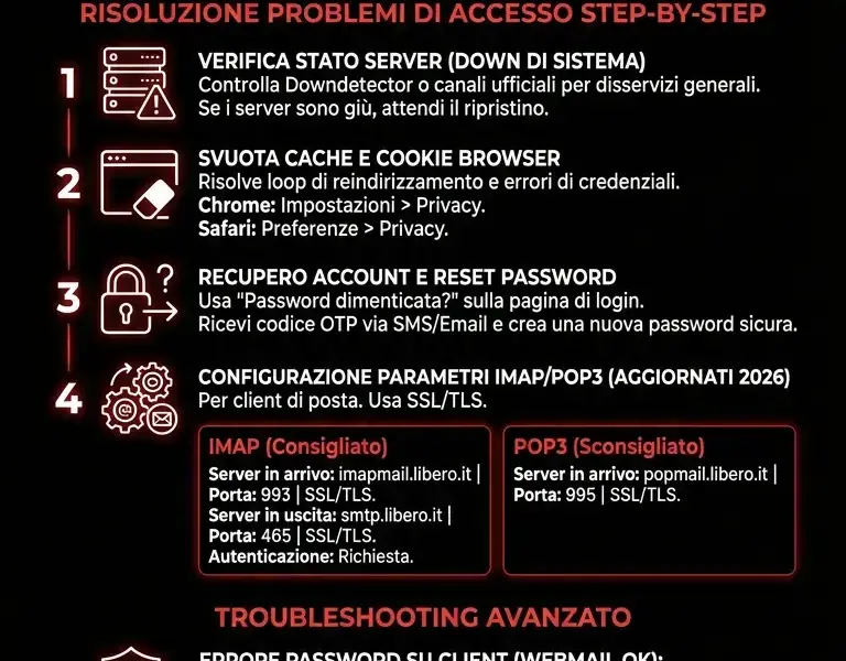 Infografica: Problemi Libero Mail 2026: Login Non Funziona e Soluzioni