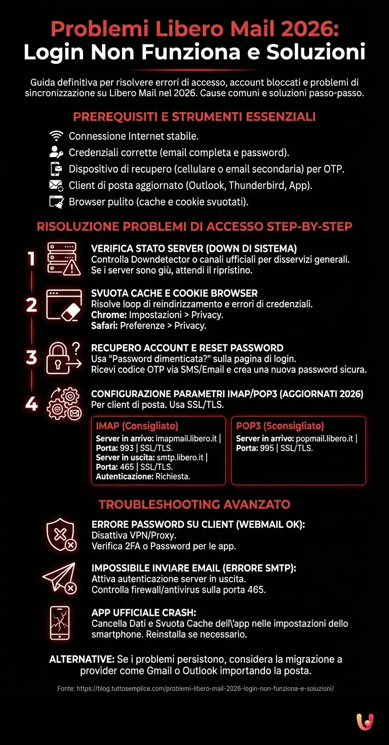 Problemi Libero Mail 2026: Login Non Funziona e Soluzioni - Infografica riassuntiva