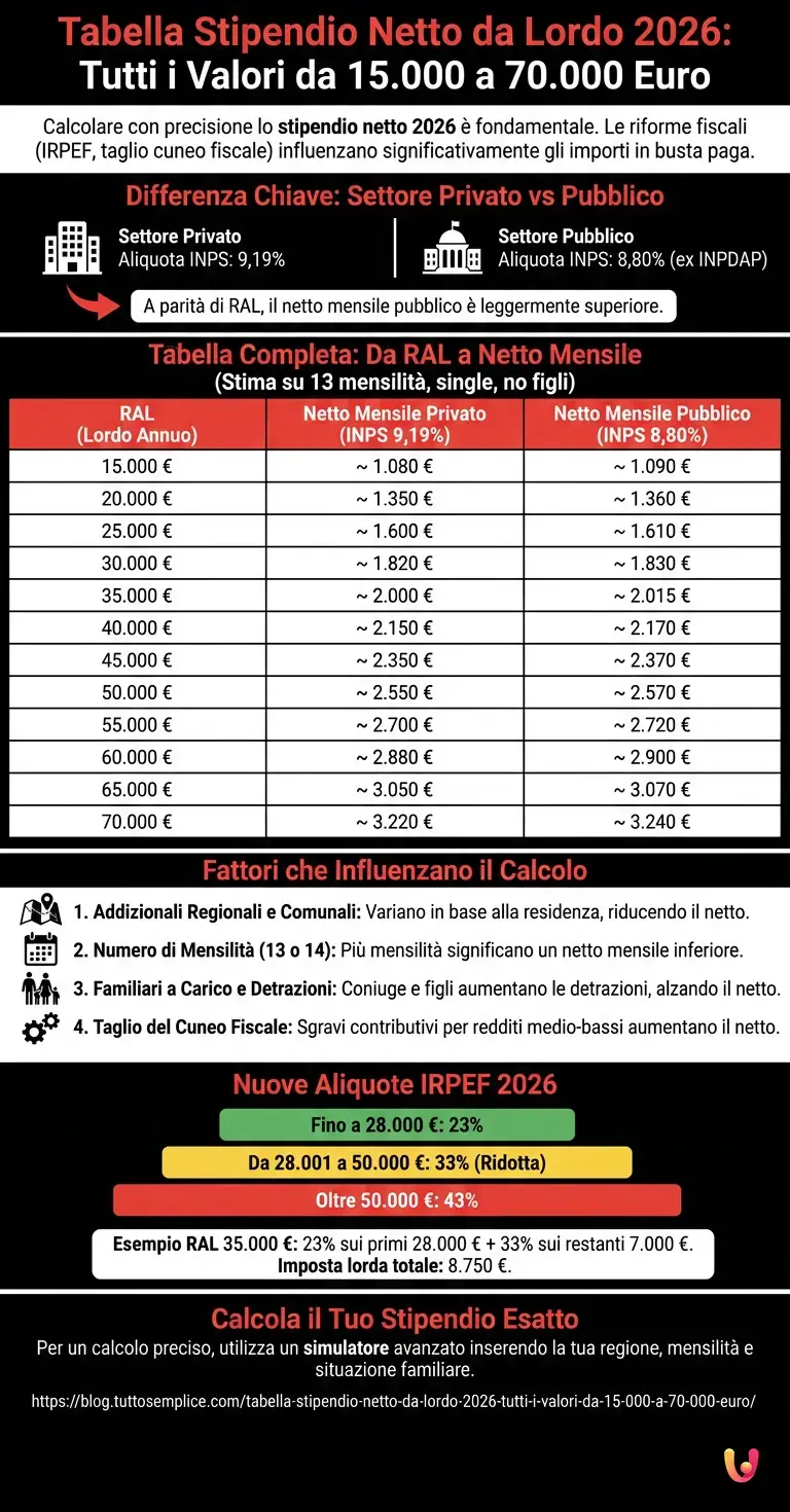 Tabella Stipendio Netto da Lordo 2026: Tutti i Valori da 15.000 a 70.000 Euro - Infografica riassuntiva